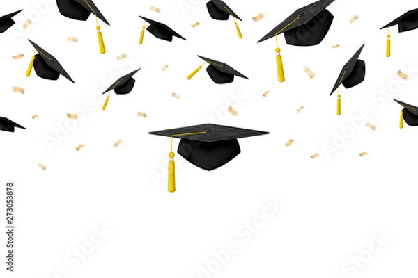 Fototapeta Vector graduation banner with ceremony caps isolated in air on white background