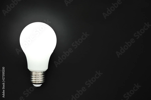 Obraz LED light bulb on black background, concept of ideas, creativity, innovation or saving energy, copy space, top view, flat lay