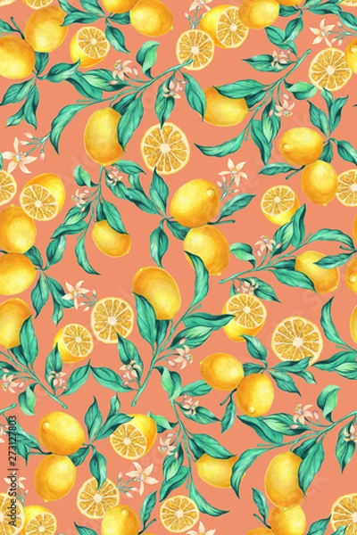Fototapeta seamless hand painted botanical lemon branches with flowers pattern. Lemons, yellow fruit, citrus. Multicolor allover design. Summer mood.