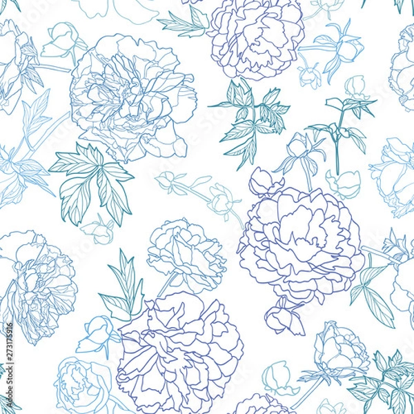 Fototapeta White vector repeat pattern with blue outline peony florals. Japan inspired pattern. Perfect for paper and textile projects or events. Surface pattern design.