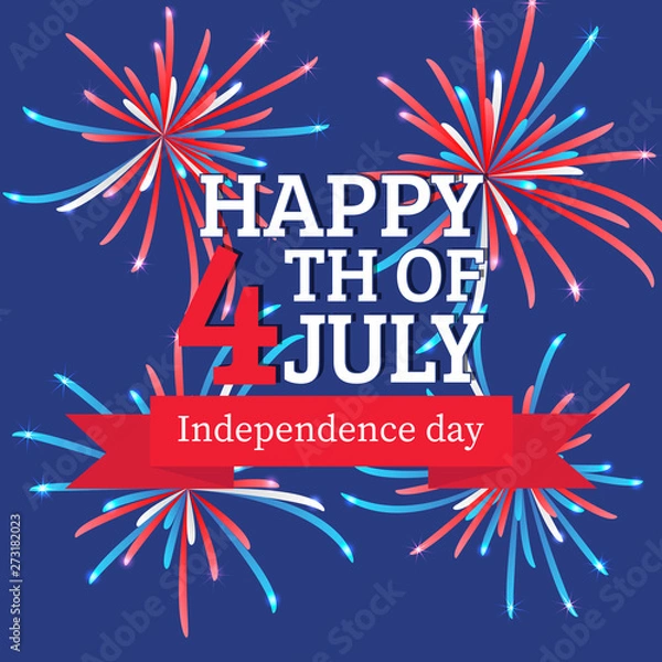 Fototapeta Happy 4th of July, Independence day. With red ribbon and red, white and blue fireworks. Ready to use in flyers, posters, social media and decorations.