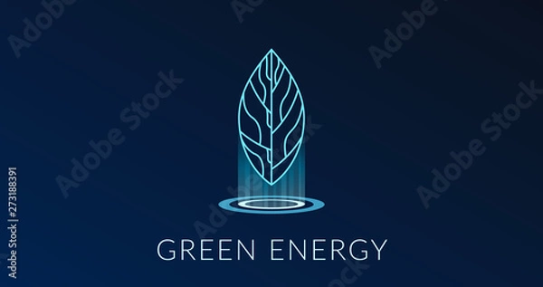 Fototapeta Green energy, hologram leaf logo design, green energy poster, blue energetic lights.