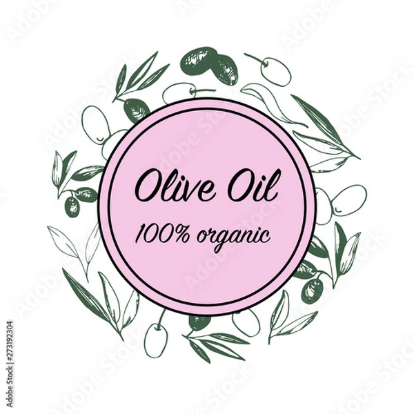 Obraz Olives arrangements with olive branches and fruits for Italian cuisine design or extra virgin oil food or cosmetic product packaging wrapper. Hand drawn Illustration in vector.