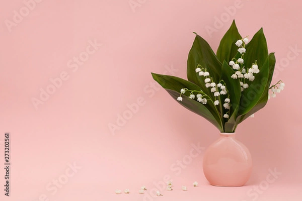 Fototapeta Bouquet of lily of the valley in a pink vase and white flowers of lily of the valley on a pink background