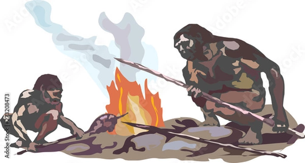 Fototapeta Two Neanderthals. Two cavemen are sitting on stones by the smoking fire holding spears in their hands.