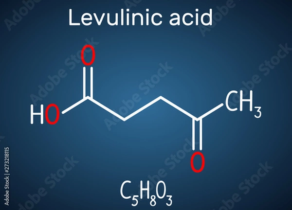 Fototapeta Levulinic acid molecule, is a crystalline keto acid prepared from levulose, inulin, starch. Structural chemical formula on the dark blue background