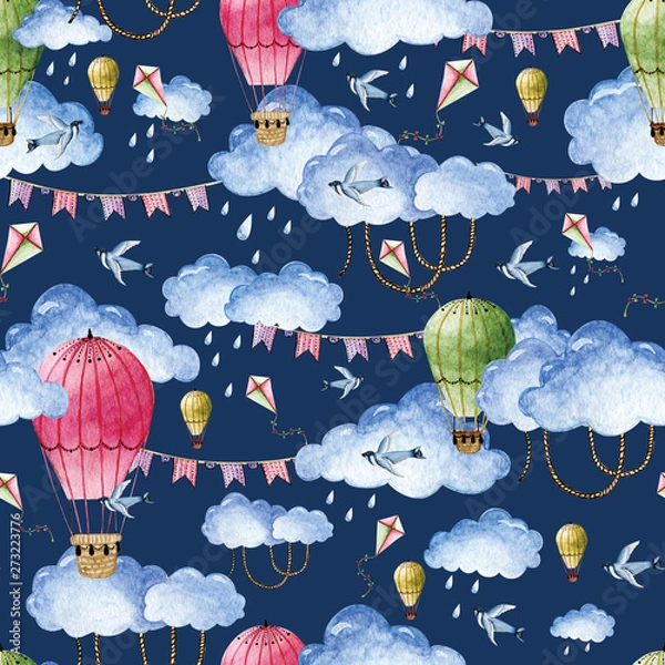 Obraz Watercolor pattern with balloons and clouds