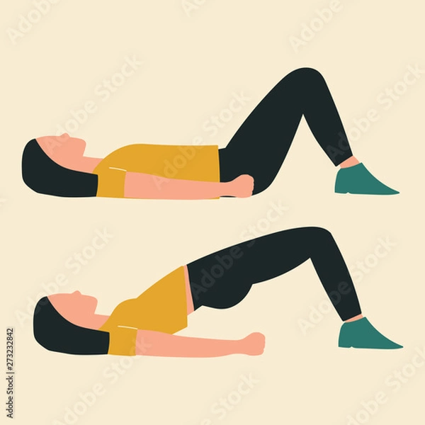 Fototapeta Woman doing hip thrusts. Illustrations of glute exercises and workouts. Flat vector illustration 