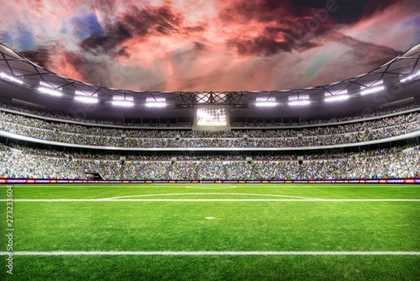 Fototapeta soccer field with lights and spectors panorama 3d rendering
