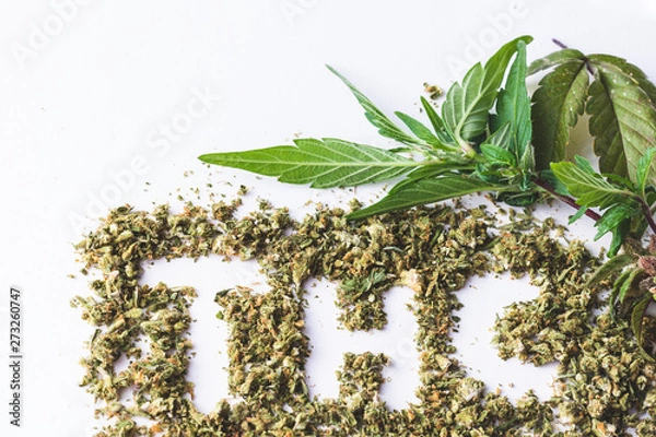 Obraz THC Acronym In Marijuana Shake With Cannabis Leafs On White Background 