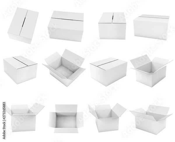 Obraz White box. Cardboard carton set of open and closed boxes. 3d rendering illustration isolated