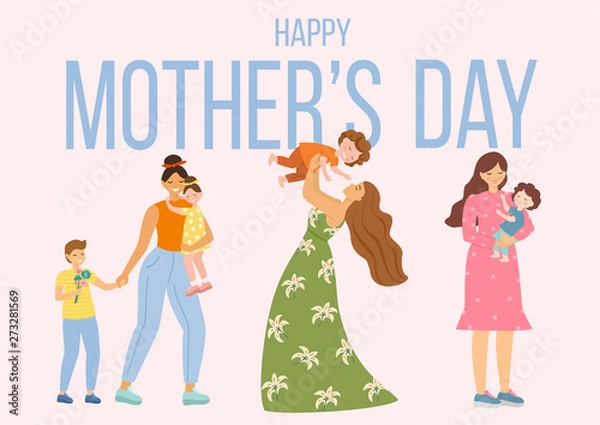 Fototapeta Happy Mothers Day. Vector illustration with women and their children. Beautiful template. Can be used for banner, poster, card, postcard and printable.