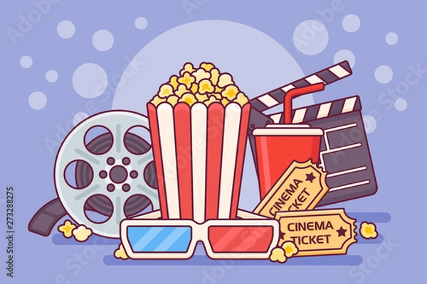 Obraz Movie theater poster with popcorn, clapperboard, soda, tickets, 3d glasses and filmstrip. Cinema banner design vector illustration.