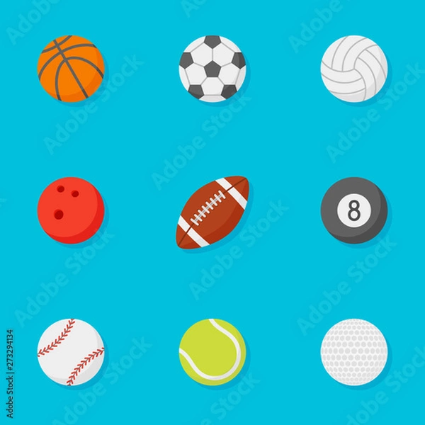 Obraz Set of sports balls flat style icons isolated on blue background. Vector illustration.