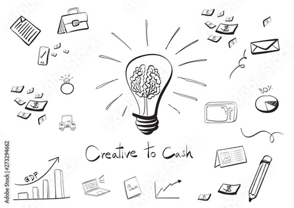 Fototapeta Set of hand drawn doodle with lamp, cash, laptop, pencil, microwave, envelope and and other creative idea. Cartoon sketch style. Vector illustration design concept. - Vector