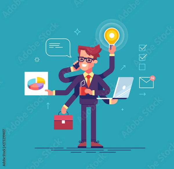 Obraz Happy handsome office worker with many hands doing several actions at the same time. Multitasking, productivity and time management concept. Flat vector illustration.
