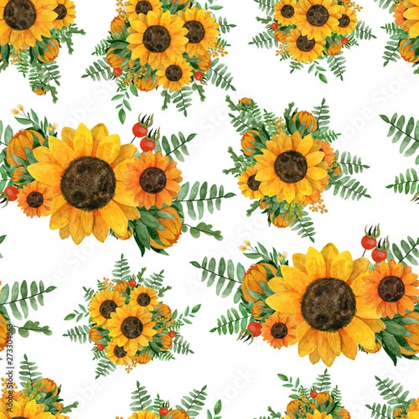 Fototapeta Beautiful watercolor seamless pattern  with sunflowers,leaves,branches,ferns, rosehip berries.  Perfect for wedding,invitation,template card,Birthday,textile.