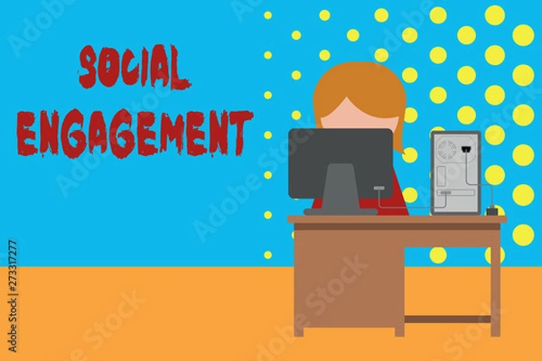 Fototapeta Conceptual hand writing showing Social Engagement. Concept meaning Degree of engagement in an online community or society Young female working in office computer office monitor photo