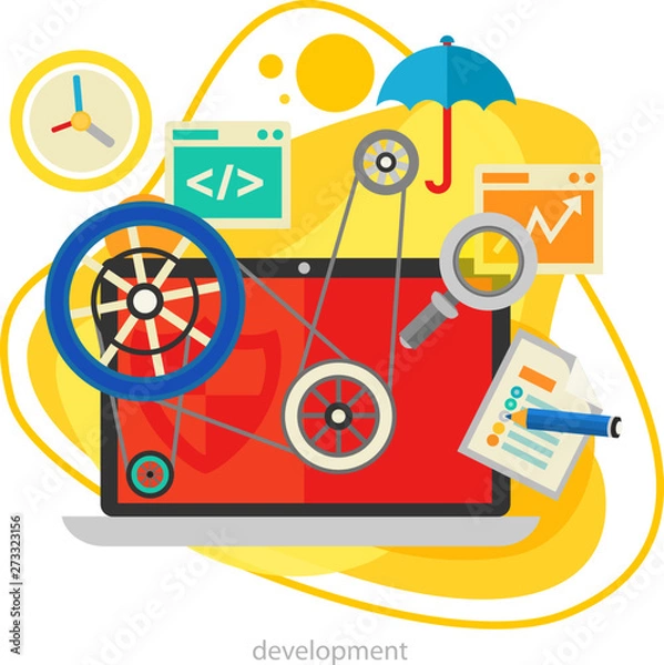 Fototapeta Development and coding, scripting and website development concept. Trendy amoeba horizontal banner