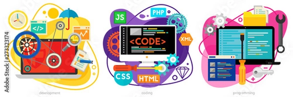 Fototapeta Programming and coding, scripting and website development, analytics trendy amoeba style concepts