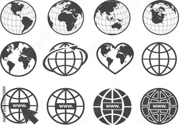 Fototapeta Set of earth globe icons in flat and linear design on a white background