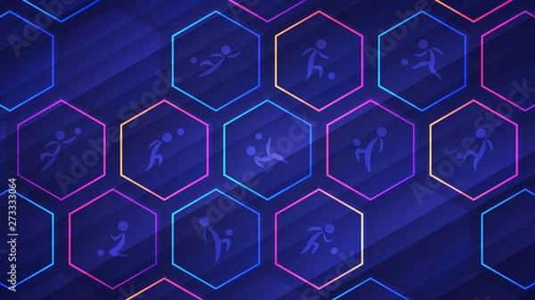 Fototapeta Blue soccer background with glowing neon hexagon cells and soccer player icons
