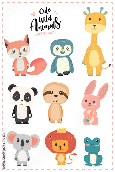 Fototapeta Cute nursery wild animal pastel hand drawn collection  penguin, giraffe, panda, sloth,rabbit, koala, lion, frog