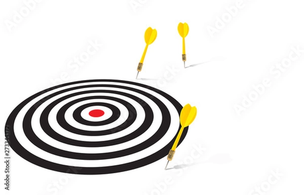 Fototapeta Yellow darts missed the target and hit on the white space bacground, Missed Target Concept