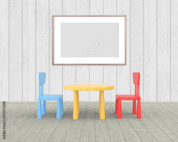 Fototapeta Horizontal Frame mockup of rose gold in the nursery. The minimalist interior of a children's colored table and chairs on a white wooden background. 3D render..