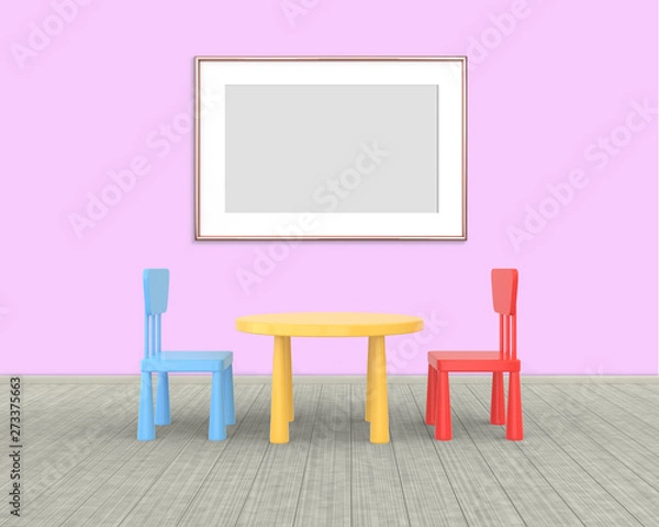 Fototapeta Horizontal Frame mockup of rose gold in the nursery. The minimalist interior of a children's colored table and chairs on a brick background. 3D render..
