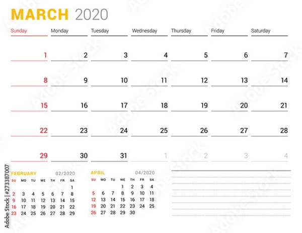 Fototapeta Calendar template for March 2020. Business planner. Stationery design. Week starts on Sunday. Vector illustration