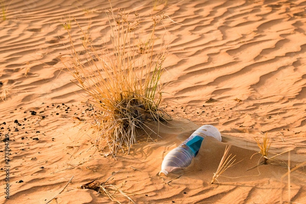 Fototapeta An empty plastic water bottle illegally dumped in the desert