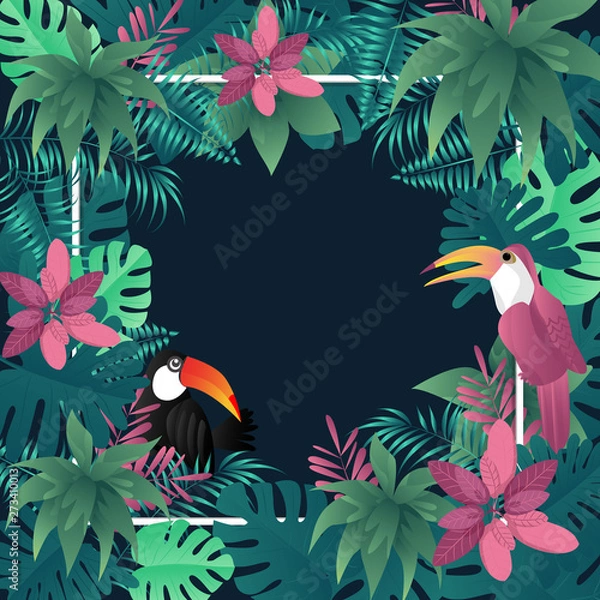 Fototapeta Summer tropical banner palm leaves birds vector image.