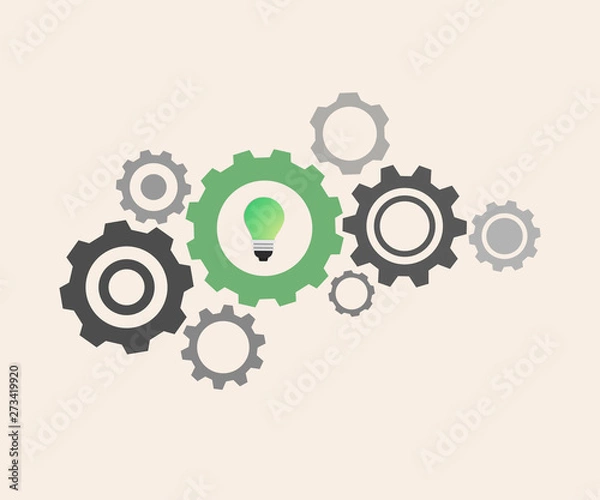 Fototapeta gray gear wheels with green light bulb symbolizing idea.Gear vector icon. Web design icon. Gears and cogs symbol. 