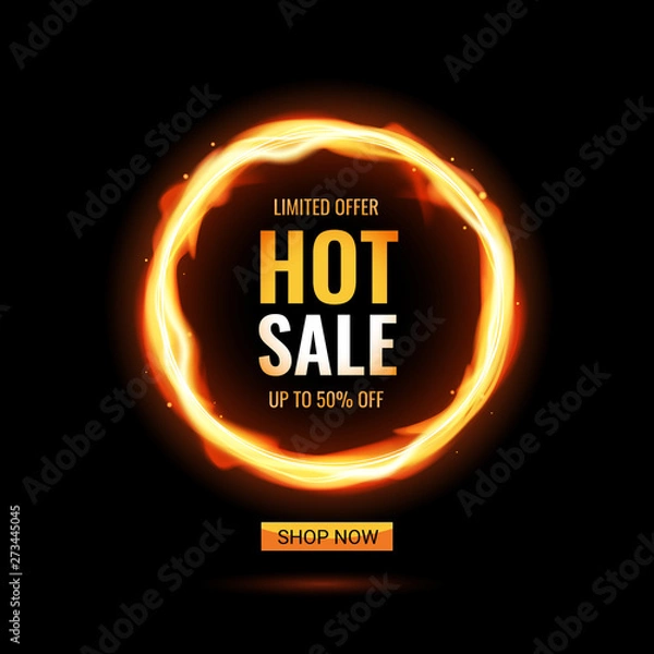 Fototapeta Template design with hot sale. Vector banner for special offer with realistic frame fire graphic. Advertising poster layout with flame border on black background.