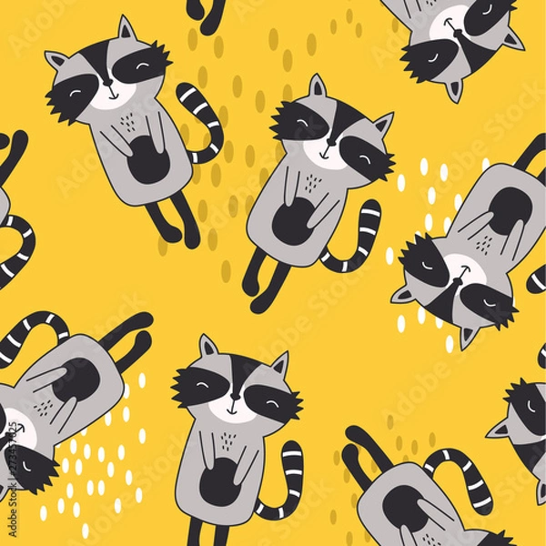 Obraz Happy raccoons, hand drawn backdrop. Colorful seamless pattern with animals. Decorative cute wallpaper, good for printing. Overlapping colored background vector. Design illustration