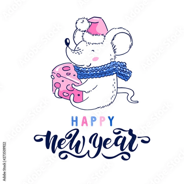 Fototapeta 2020 Happy chinese new year. Rat zodiac sign. Vector illustration of little lovely rat with cheese. Handwritten lettering - Happy New Year. For greeting card, poster and banner template.