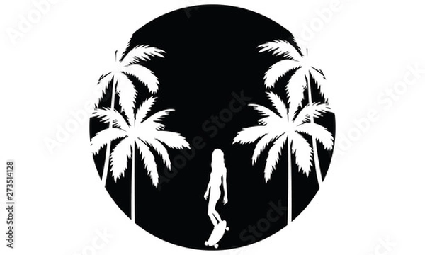 Obraz Summer vibes black and white silhouette emblem illustration of a skate girl on a board on a white palm  background