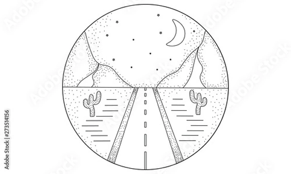 Obraz Line hand drawn illustration circle of road, landscape mountains, and desert with cactuses, night sky with moon and stars