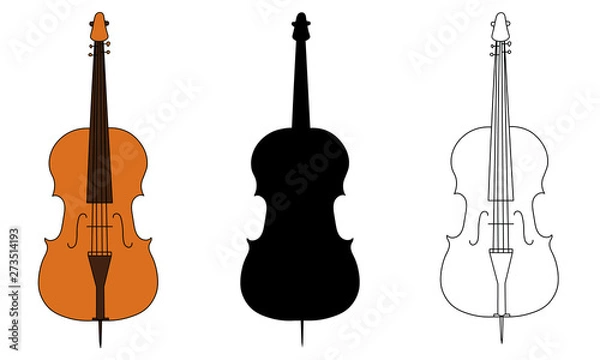 Obraz Line drawing, black silhouette, and color illustration of violoncello outline classical contour wind musical instrument isolated on a white background. For student education,dictionary musical schools
