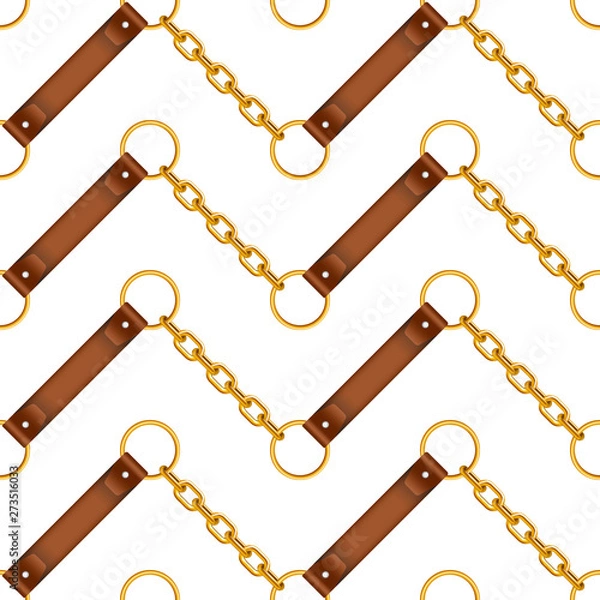 Fototapeta Seamless pattern of gold chains and leather belts
