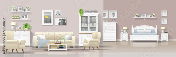 Obraz Modern country house interior background with living room and bedroom combination , vector , illustration