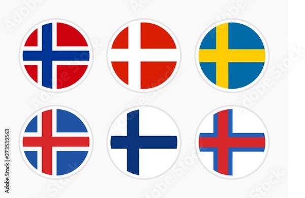 Obraz Flagi Europy Północnej, Skandynawii, zestaw wektor ikona rundy ilustracja na białym tle. Flagi narodowe Norwegii, Danii, Szwecji, Islandii, Finlandii, Wysp Owczych