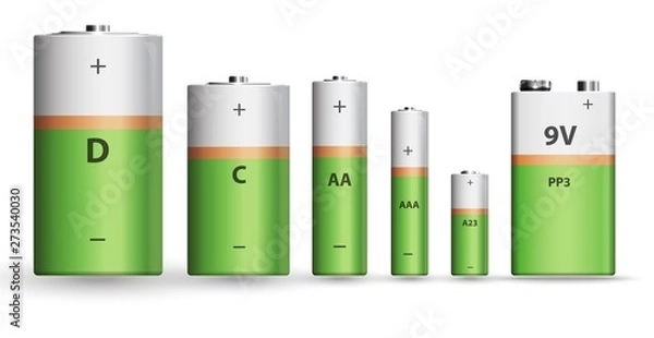 Fototapeta Green and white realistic alkaline battery set, diffrent types isolated on white background. Vector illustration