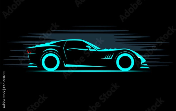 Fototapeta stylized simple drawing sport super car coupe side view on a dark background