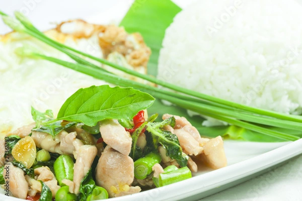 Obraz Spicy fried chicken with basil leaves