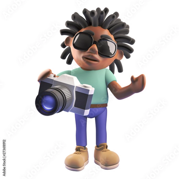 Fototapeta Black rastafarian cartoon character holding a camera, 3d illustration