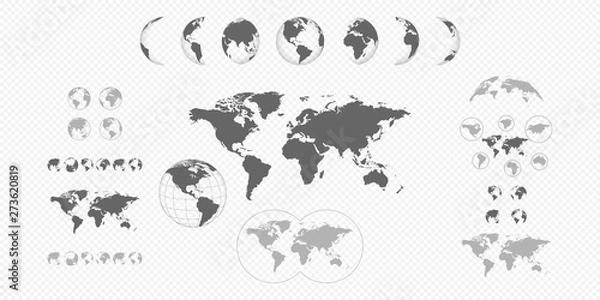 Fototapeta Earth Map Collection. Black earth globes icons isolated on transparent background