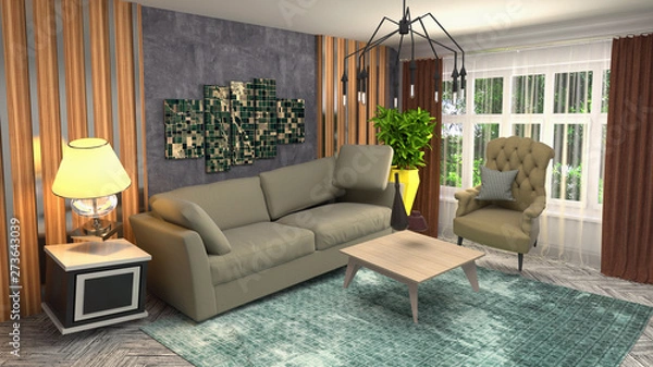 Fototapeta Zero Gravity Sofa hovering in living room. 3D Illustration