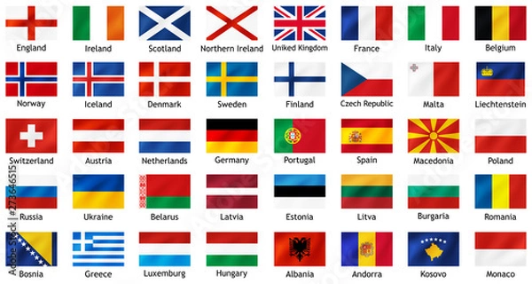 Obraz National flags of european countries with titles. Set of vector icons illustration for national events, travel and holidays.